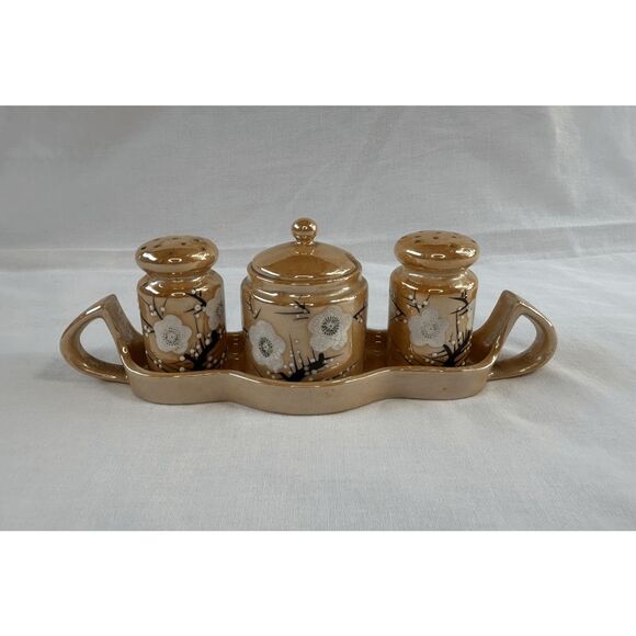 Other - Vintage Lusterware Salt/Pepper/Sugar Set in Holder, Peach Flowers, Made in Japan